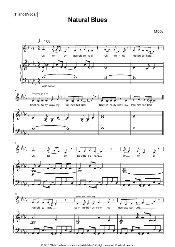 Natural Blues - Moby Piano Sheet Music with the Voice part - Piano&Vocal