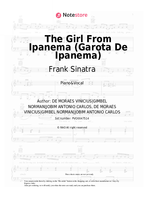 The Girl From Ipanema (Garota De Ipanema) - Frank Sinatra, Antonio Carlos Jobim Piano Sheet Music with the Voice part - Piano&Vocal