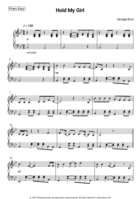Hold My Girl - George Ezra Piano Sheet Music Easy - Piano.Easy