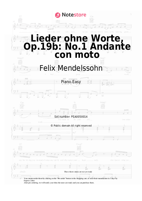 Lieder ohne Worte, Op.19b: No.1 Andante con moto - Felix Mendelssohn Piano Sheet Music Easy - Piano.Easy