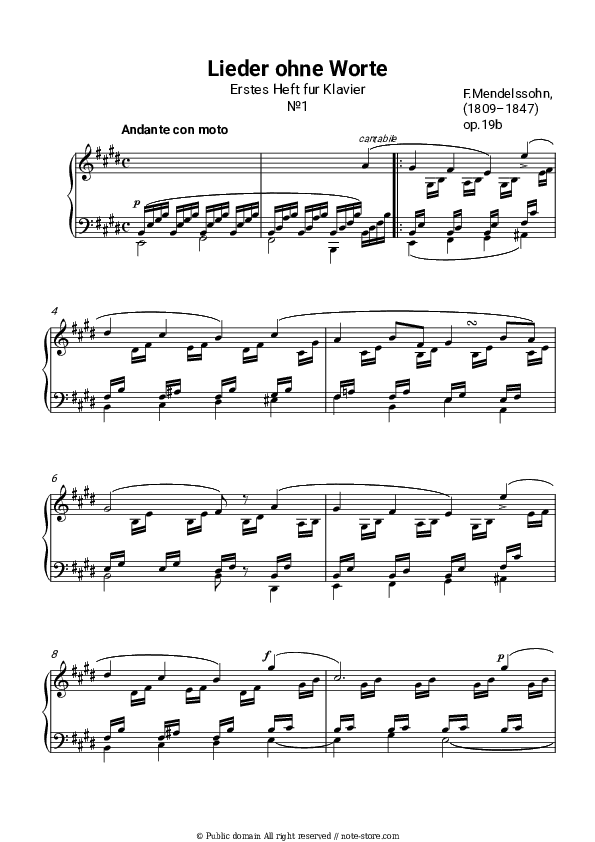 Lieder ohne Worte, Op.19b: No.1 Andante con moto - Felix Mendelssohn Piano Sheet Music - Piano.Solo