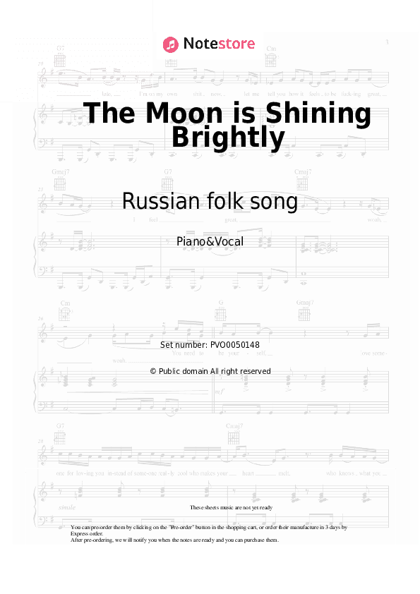 The Moon is Shining Brightly - Russian folk song Piano Sheet Music with the Voice part - Piano&Vocal