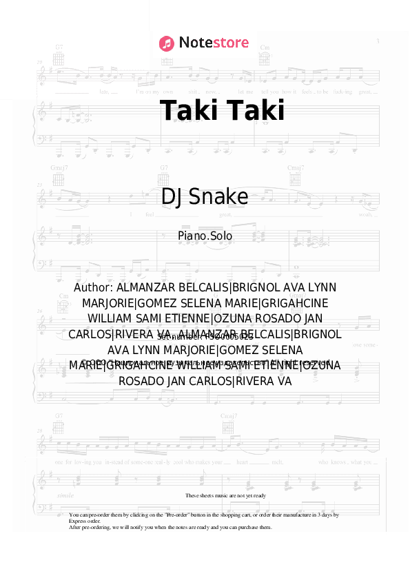 Taki Taki - DJ Snake, Selena Gomez, Ozuna, Cardi B Piano Sheet Music - Piano.Solo