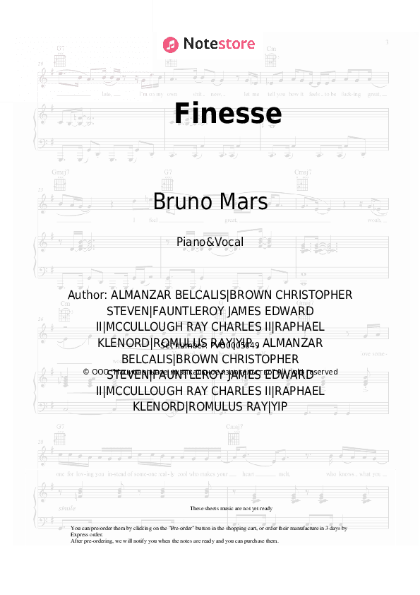 Finesse - Bruno Mars, Cardi B Piano Sheet Music with the Voice part - Piano&Vocal