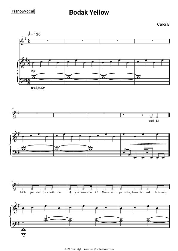 Bodak Yellow - Cardi B Piano Sheet Music with the Voice part - Piano&Vocal