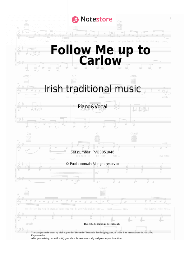 Follow Me up to Carlow - Irish traditional music Piano Sheet Music with the Voice part - Piano&Vocal
