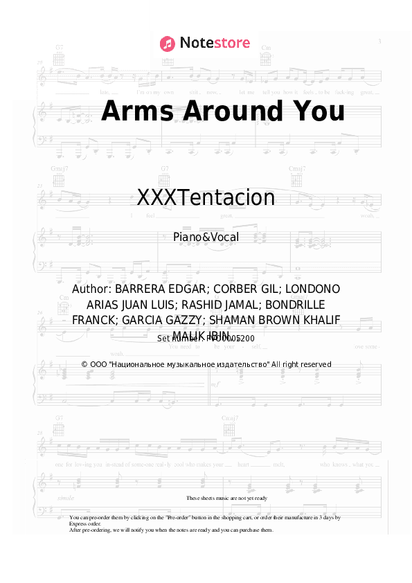 Arms Around You - XXXTentacion, Lil Pump, Maluma, Swae Lee Piano Sheet Music with the Voice part - Piano&Vocal