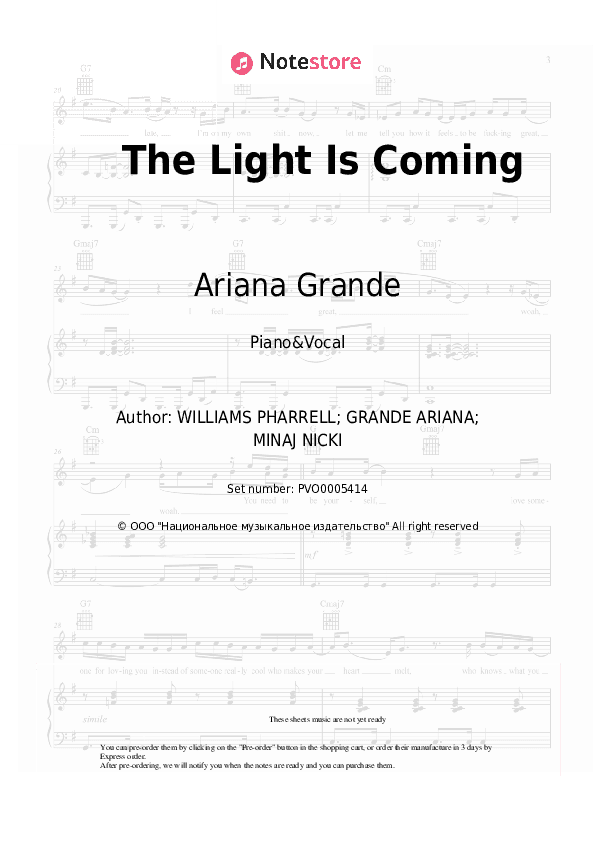 The Light Is Coming - Ariana Grande, Nicki Minaj Piano Sheet Music with the Voice part - Piano&Vocal
