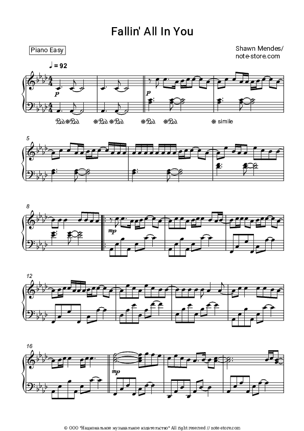 Fallin' All In You - Shawn Mendes Piano Sheet Music Easy - Piano.Easy