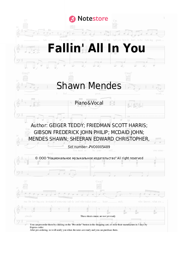 Fallin' All In You - Shawn Mendes Piano Sheet Music with the Voice part - Piano&Vocal