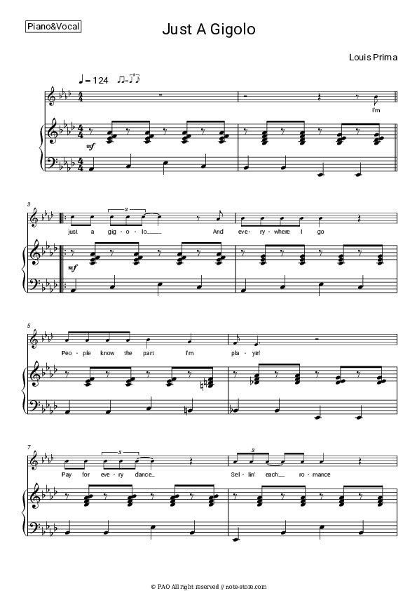 Just a Gigolo - Louis Prima Piano Sheet Music with the Voice part - Piano&Vocal