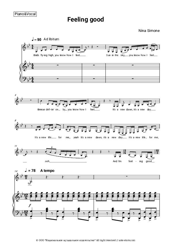 Feeling good - Nina Simone Piano Sheet Music with the Voice part - Piano&Vocal