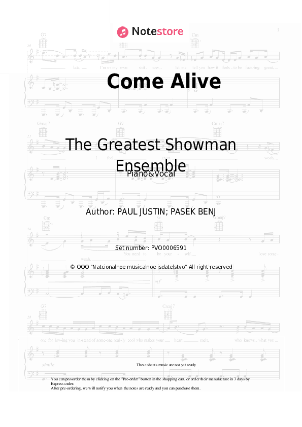 Come Alive - The Greatest Showman Ensemble, Hugh Jackman Piano Sheet Music with the Voice part - Piano&Vocal