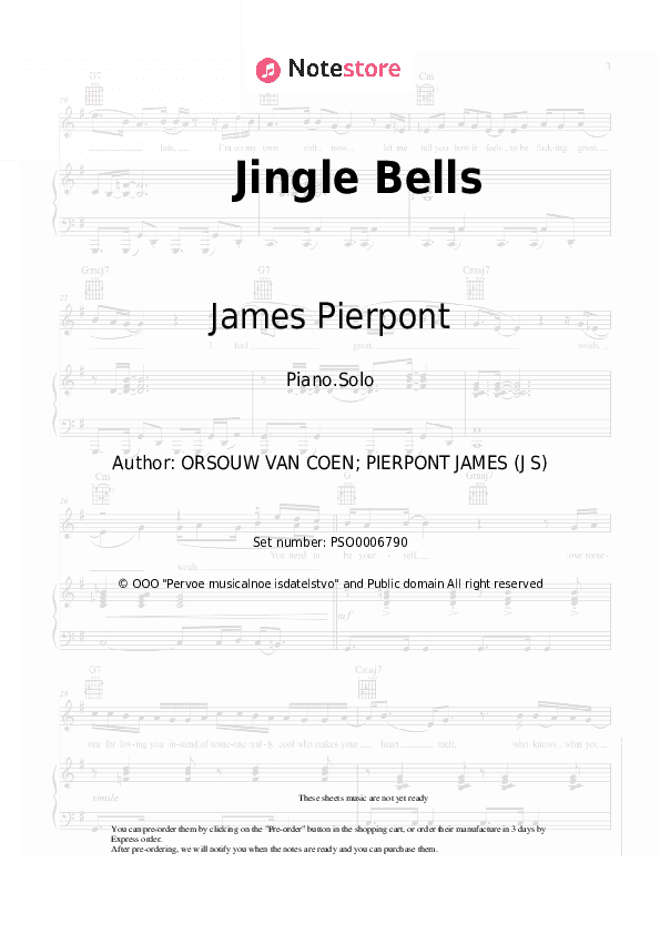 Jingle Bells - James Pierpont, Christmas carol Piano Sheet Music - Piano.Solo