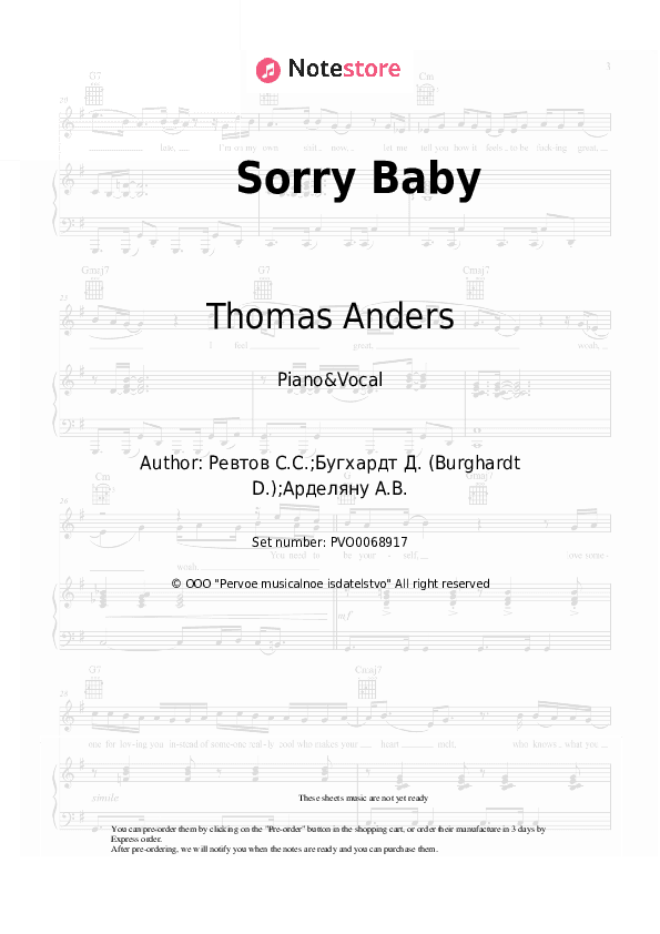 Sorry Baby - Thomas Anders Piano Sheet Music with the Voice part - Piano&Vocal