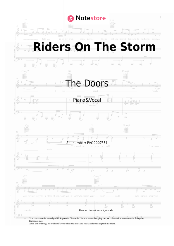 Riders On The Storm - The Doors Piano Sheet Music with the Voice part - Piano&Vocal