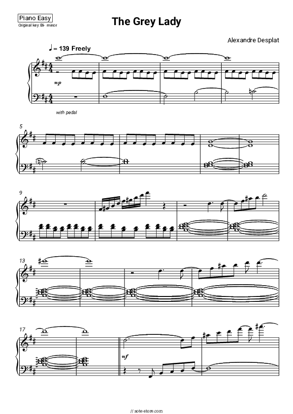 The Grey Lady - Alexandre Desplat Piano Sheet Music Easy - Piano.Easy