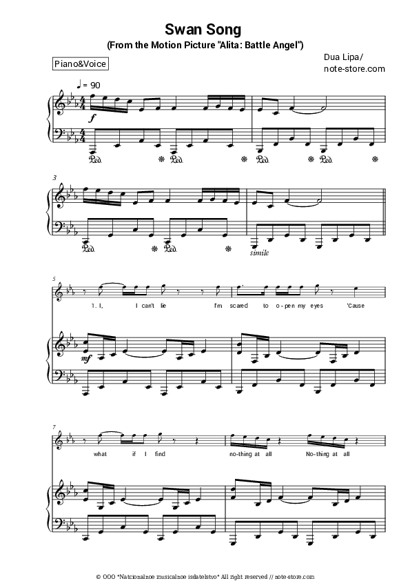 Swan Song (From the Motion Picture Alita: Battle Angel) - Dua Lipa Piano Sheet Music with the Voice part - Piano&Vocal