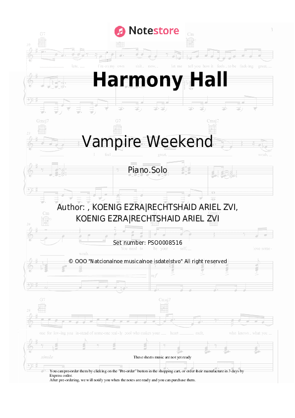 Harmony Hall - Vampire Weekend Piano Sheet Music - Piano.Solo