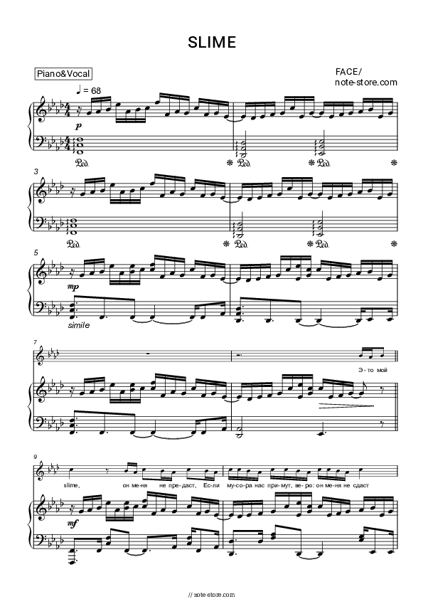 SLIME - Face Piano Sheet Music with the Voice part - Piano&Vocal