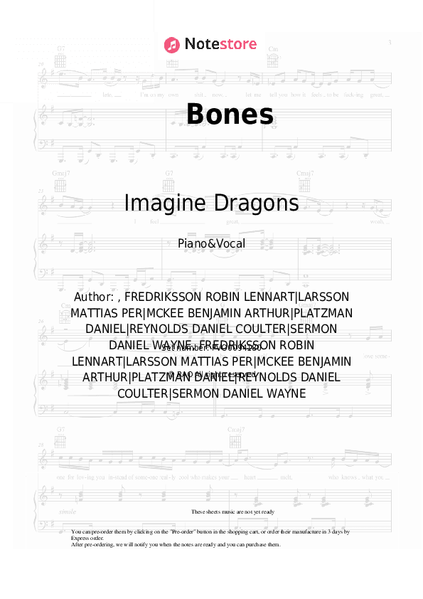 Bones - Imagine Dragons Piano Sheet Music with the Voice part - Piano&Vocal