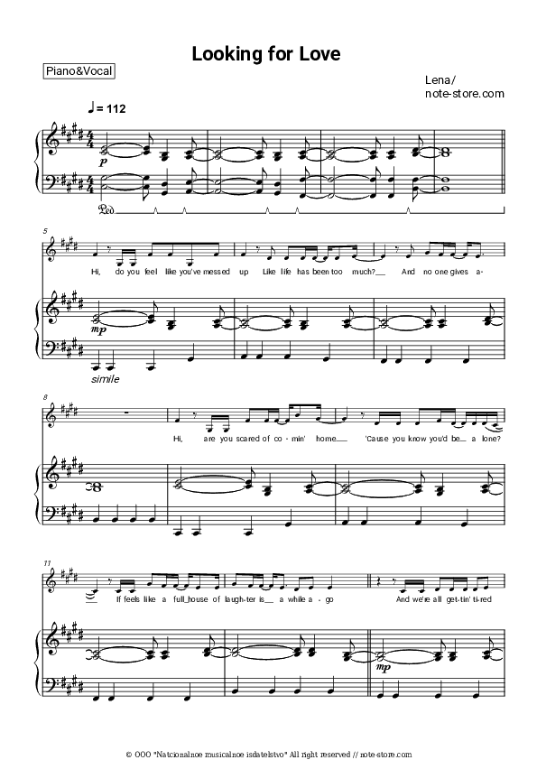 Looking For Love - Lena Piano Sheet Music with the Voice part - Piano&Vocal