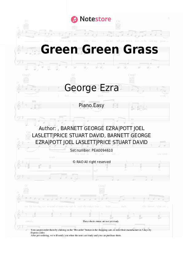 Green Green Grass - George Ezra Piano Sheet Music Easy - Piano.Easy