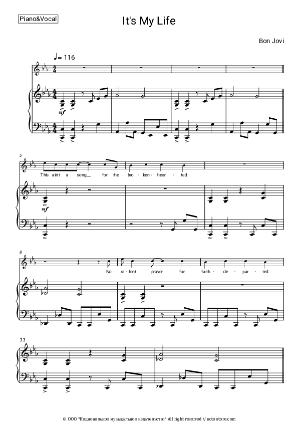 It's My Life - Bon Jovi Piano Sheet Music with the Voice part - Piano&Vocal