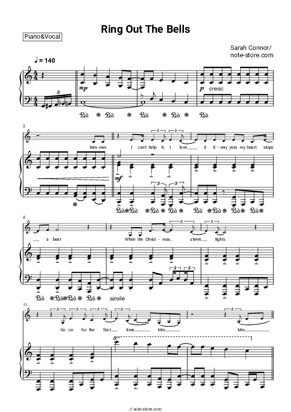 Ring Out The Bells - Sarah Connor Piano Sheet Music with the Voice part - Piano&Vocal