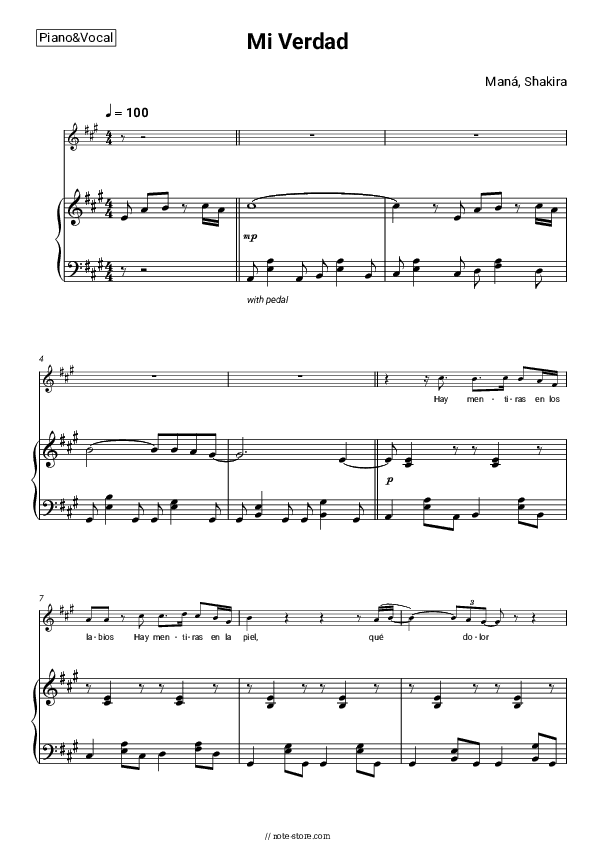 Mi Verdad - Maná, Shakira Piano Sheet Music with the Voice part - Piano&Vocal