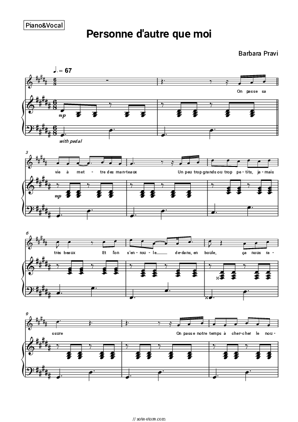 Personne d'autre que moi - Barbara Pravi Piano Sheet Music with the Voice part - Piano&Vocal
