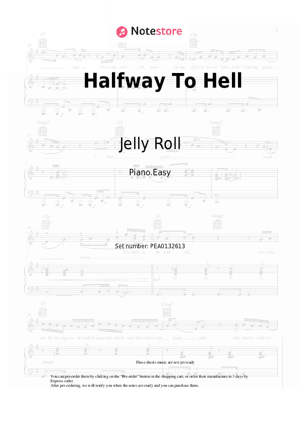 Halfway To Hell - Jelly Roll Piano Sheet Music Easy - Piano.Easy