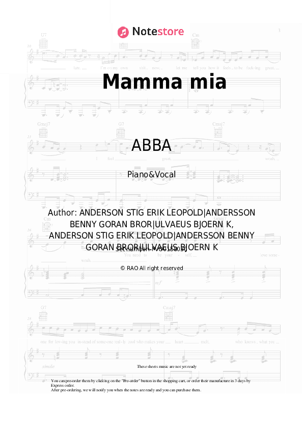 Mamma mia - ABBA Piano Sheet Music with the Voice part - Piano&Vocal