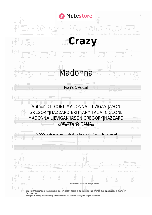 Crazy - Madonna Piano Sheet Music with the Voice part - Piano&Vocal
