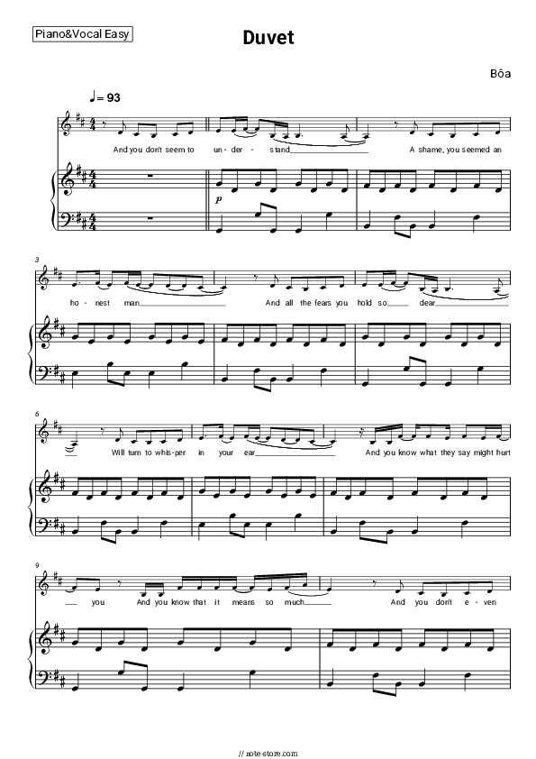 Duvet - Bôa Piano Sheet Music Easy and Vocal - Piano&Vocal.Easy