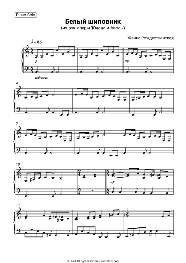 Белый шиповник (из рок-оперы 'Юнона и Авось') - Zhanna Rozhdestvenskaya Piano Sheet Music - Piano.Solo