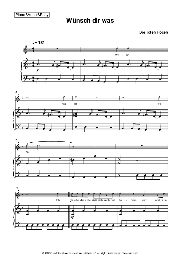 Wünsch dir was - Die Toten Hosen Piano Sheet Music Easy and Vocal - Piano&Vocal.Easy