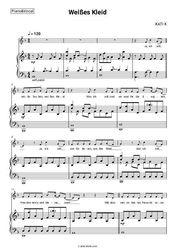 Weißes Kleid - KATI K Piano Sheet Music with the Voice part - Piano&Vocal