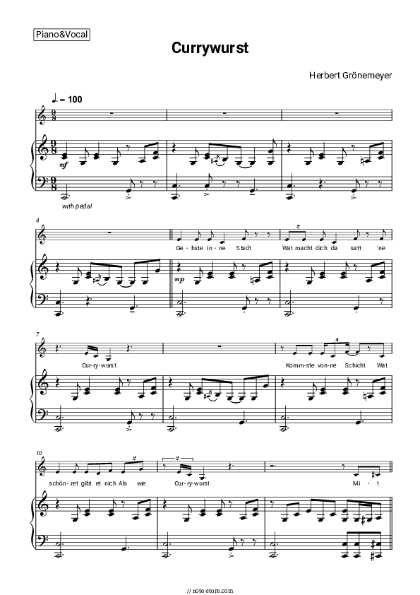 Currywurst - Herbert Grönemeyer Piano Sheet Music with the Voice part - Piano&Vocal