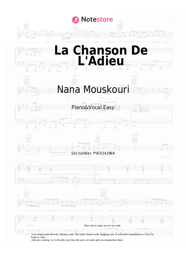 La Chanson De L'Adieu - Nana Mouskouri Piano Sheet Music Easy and Vocal - Piano&Vocal.Easy