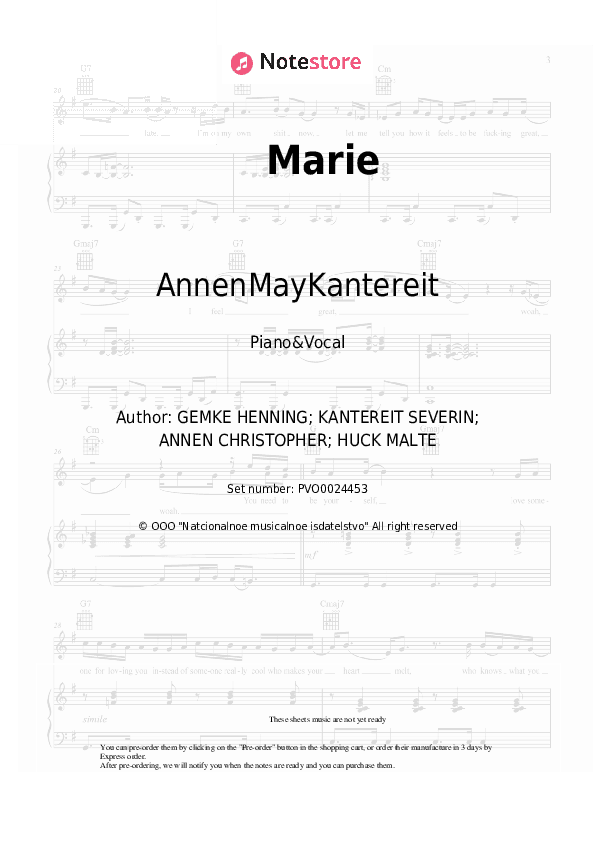Marie - AnnenMayKantereit Piano Sheet Music with the Voice part - Piano&Vocal