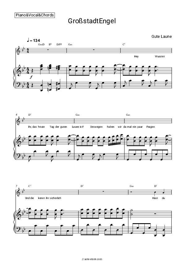 Gute Laune - GroßstadtEngel Piano Sheet Music with the Vocal and Chords - Piano&Vocal&Chords
