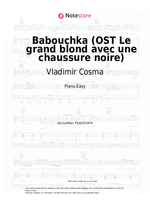 Babouchka (OST Le grand blond avec une chaussure noire) - Vladimir Cosma, Gheorghe Zamfir Piano Sheet Music Easy - Piano.Easy