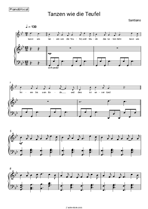 Tanzen wie die Teufel - Santiano Piano Sheet Music with the Voice part - Piano&Vocal