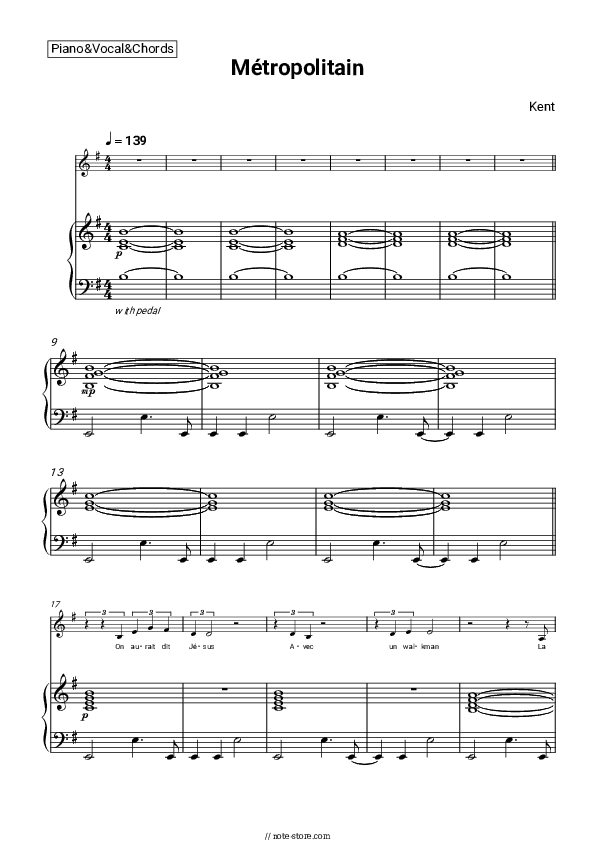 Métropolitain - Kent Piano Sheet Music with the Voice part - Piano&Vocal