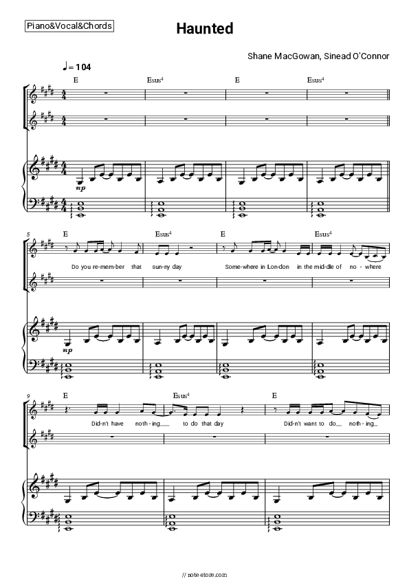 Haunted - Shane MacGowan, Sinead O'Connor Piano Sheet Music with the Vocal and Chords - Piano&Vocal&Chords