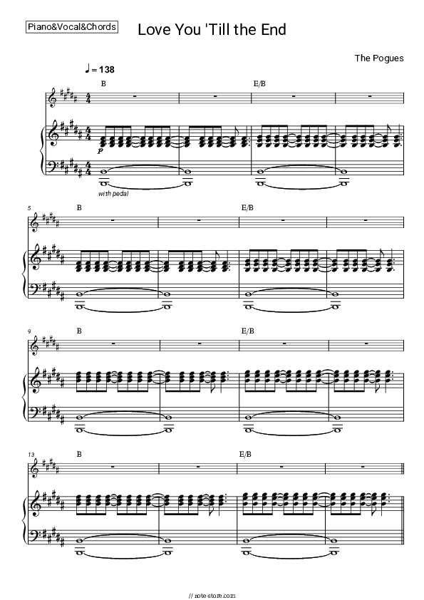 Love You ’Till the End - The Pogues Piano Sheet Music with the Vocal and Chords - Piano&Vocal&Chords