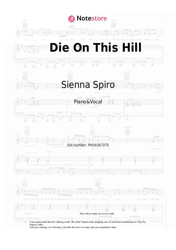 Die On This Hill - Sienna Spiro Piano Sheet Music with the Voice part - Piano&Vocal