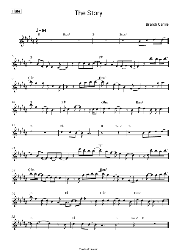 The Story - Brandi Carlile Flute Sheet Music - Flute