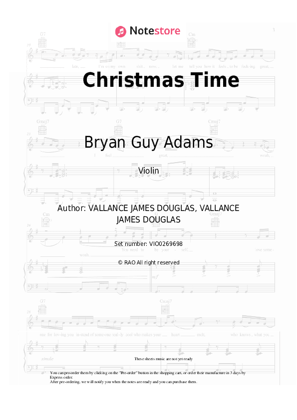 Christmas Time - Bryan Guy Adams Violin Sheet Music - Violin